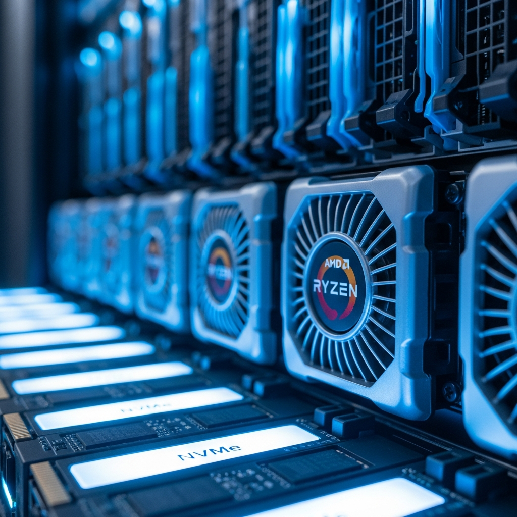 Detailliertes Server-Rack in einem modernen Rechenzentrum, Close-up auf leuchtende NVMe-SSD-Module und AMD Ryzen-Prozessorkühler, blaue LED-Beleuchtung, technische Atmosphäre, Schärfentiefe, fotorealistisch