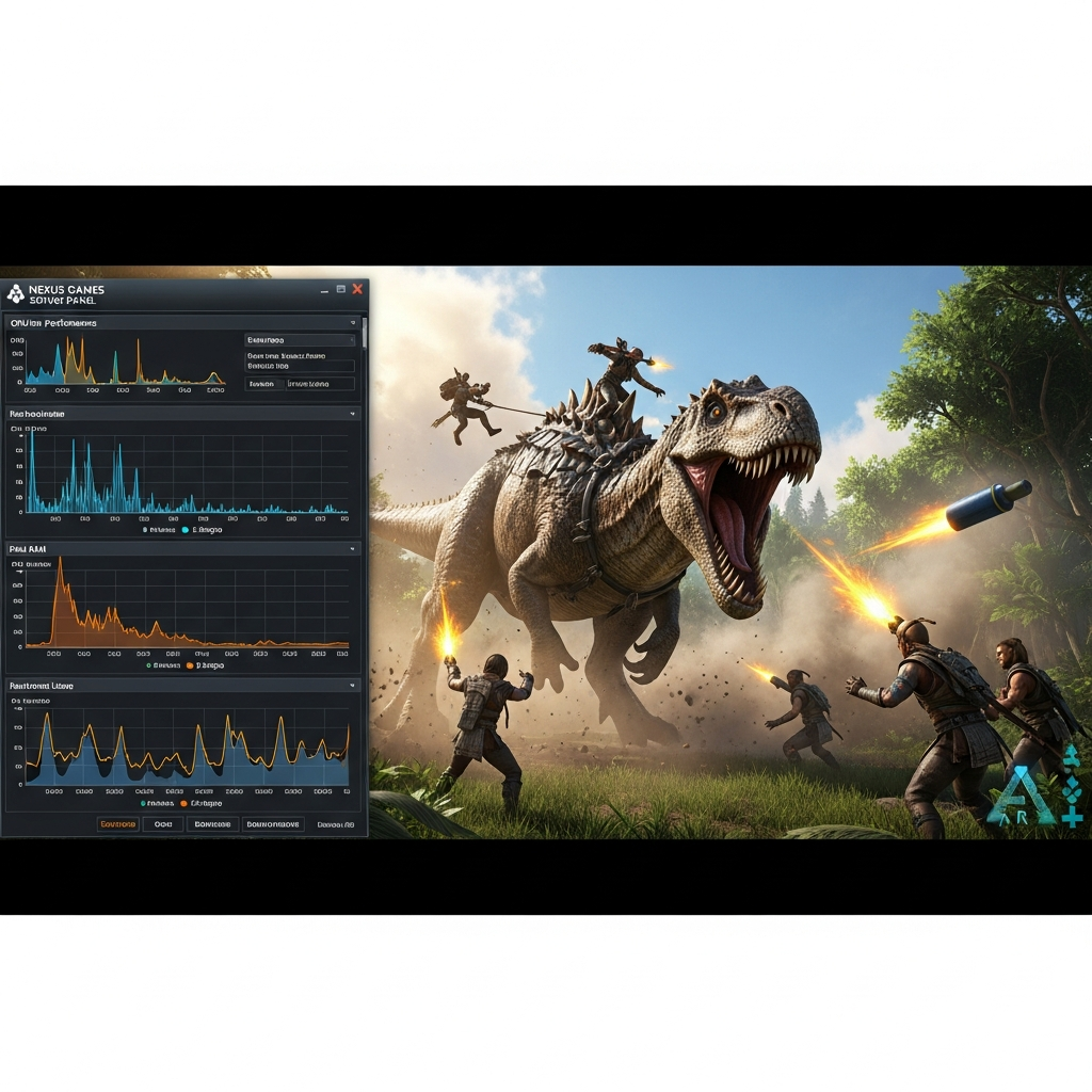 Dynamische Szene eines ARK-Servers im Betrieb: auf einem Split-Screen links das Nexus Games Server-Panel mit Echtzeit-Performance-Graphs (CPU, RAM, Netzwerk) und rechts das laufende ARK-Spiel mit einem Tribe, der gerade einen riesigen Giganotosaurus zähmt, intensive Action-Atmosphäre mit Rauch und Effekten, episches Gameplay-Gefühl