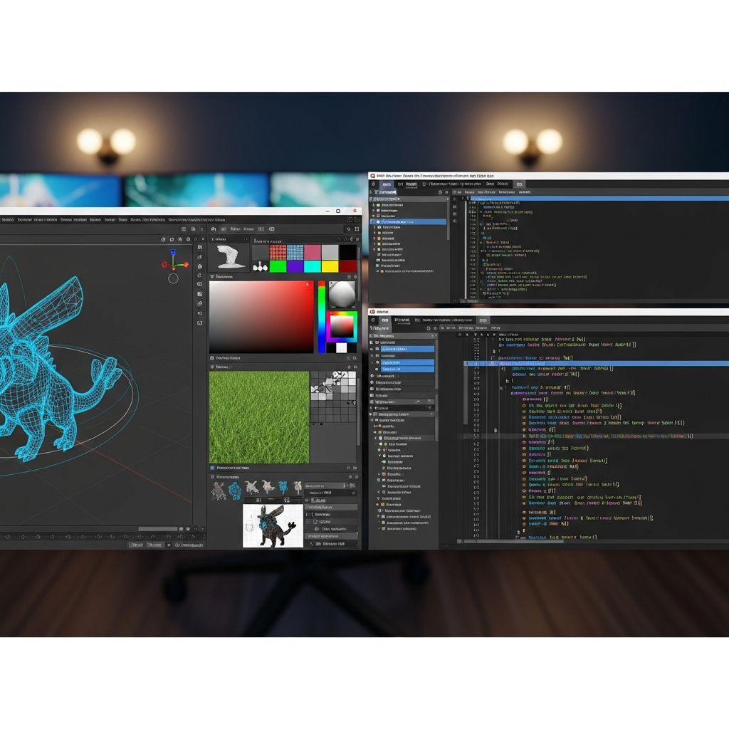 Editor de creación de mods de Hytale mostrando interfaz de usuario con herramientas 3D, paleta de colores, vista de modelo de criatura fantástica en wireframe, pantalla dividida con código de scripting, ambiente profesional de desarrollo de videojuegos, estilo captura de software fotorrealista