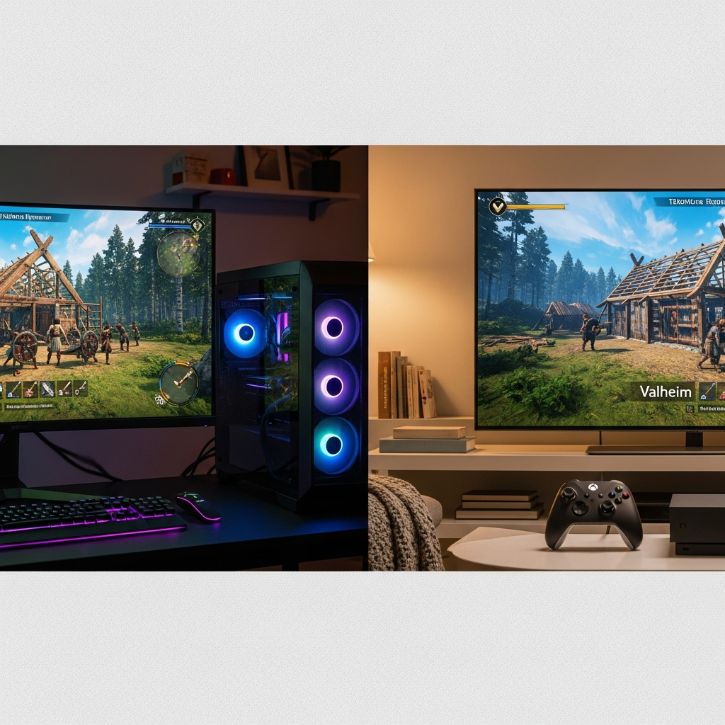 Ein Split-Screen-Bild das links einen Gaming-PC mit Valheim auf dem Monitor zeigt und rechts eine Xbox Series X mit Controller vor einem TV mit demselben Valheim-Server, beide Bildschirme zeigen den gleichen Ingame-Standort, fotorealistisch mit warmem Wohnzimmer-Ambiente