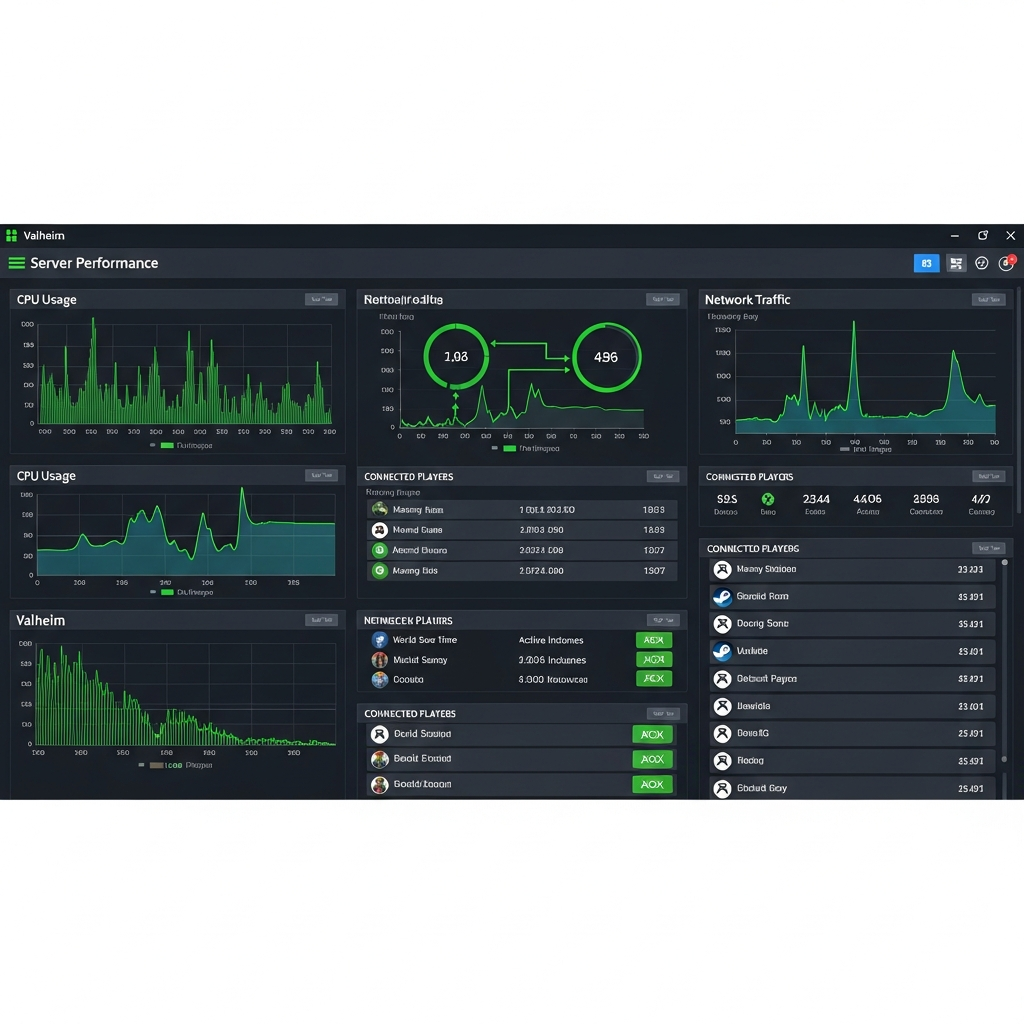 Ein detaillierter Screenshot eines Server-Admin-Panels mit Valheim-Performance-Metriken, CPU-Auslastung-Graphen, Spieler-Ping-Liste mit verschiedenen Plattform-Icons (Steam, Xbox) und Netzwerk-Traffic-Diagrammen, modernes Dark-Mode-Interface mit grünen Akzenten