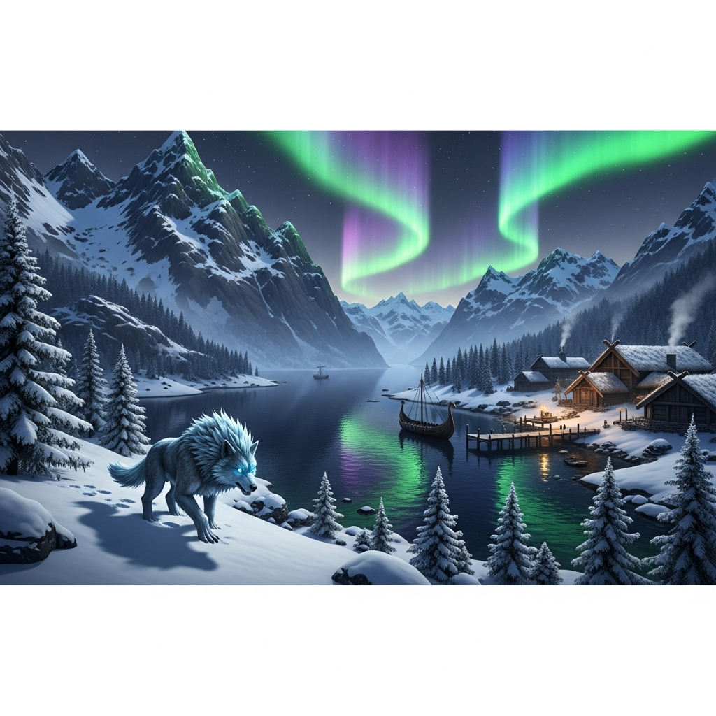 Eine epische fotorealistische Darstellung einer Fjordlandschaft in ARK mit majestätischen Bergen, tiefen Wasserstraßen und einem Wikingerdorf am Ufer, während im Hintergrund ein Fenrir durch den Schnee streift und die Nordlichter den Himmel erleuchten