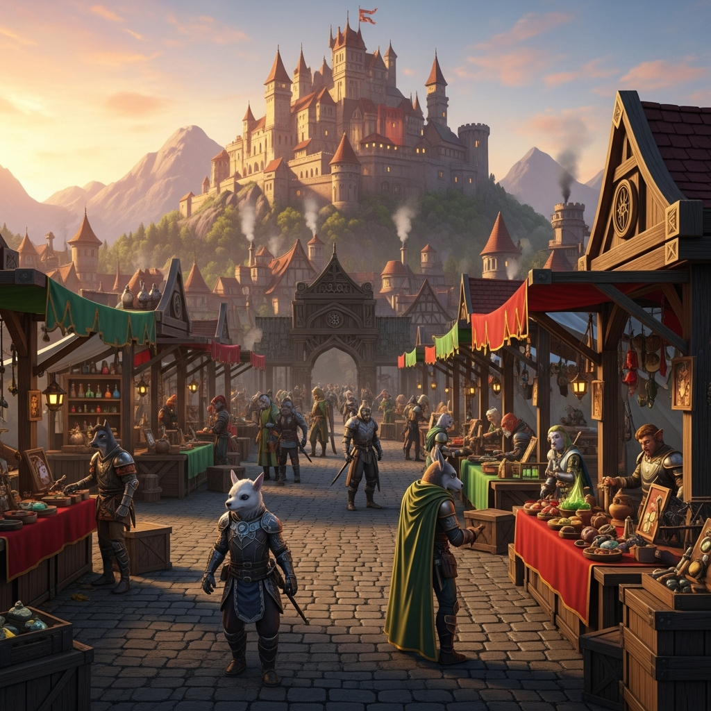 Eine epische fotorealistische Szene eines mittelalterlichen Fantasy-Marktplatzes in Hytale-Ästhetik, mit Spielercharakteren verschiedener Rassen die Handel treiben, im Hintergrund eine imposante Burg auf einem Berg, warmes Abendlicht und detaillierte Texturen von Holzständen und Stoffbannern
