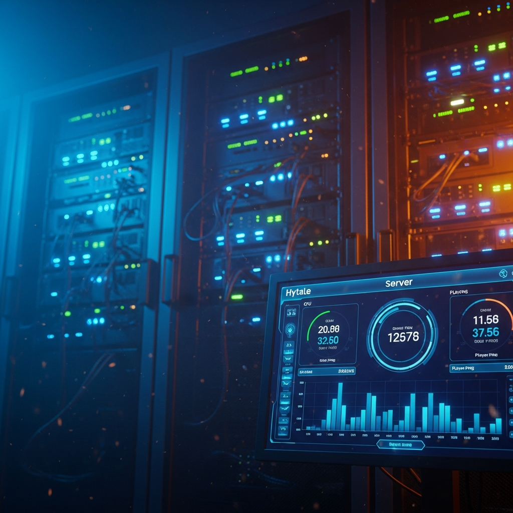 Eine fotorealistische Darstellung eines modernen Server-Racks mit leuchtenden LED-Anzeigen, im Vordergrund ein Monitor der Hytale-Server-Metriken wie CPU-Auslastung, RAM-Nutzung und Spieler-Ping in Echtzeit zeigt, dramatische Beleuchtung mit blauen und orangefarbenen Akzenten