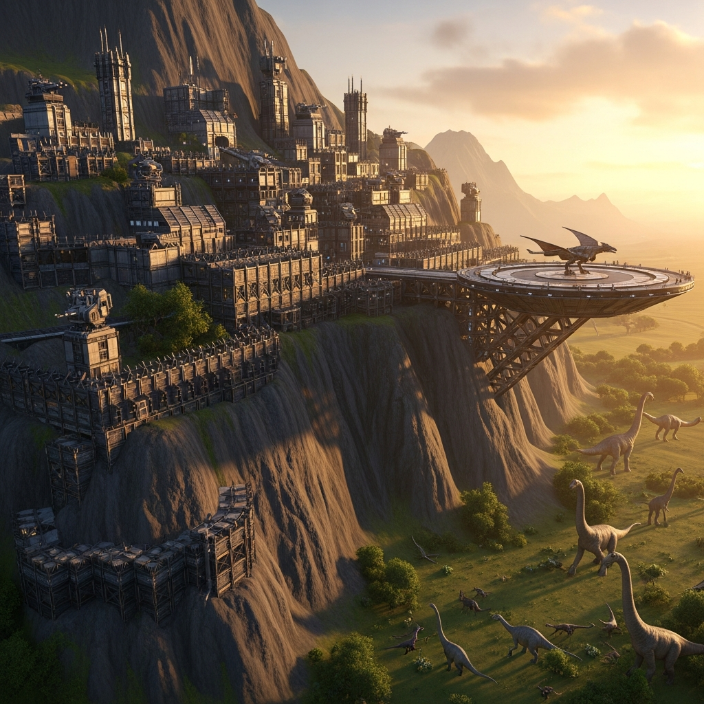 Eine fotorealistische Szene einer massiven Tribe-Basis auf Ragnarok, gebaut an einem steilen Berghang mit Metallstrukturen, Tek-Türmen und einer Landeplattform für Wyvern, während im Tal unten verschiedene Dinosaurier grasen und die untergehende Sonne die Landschaft in warmes Licht taucht