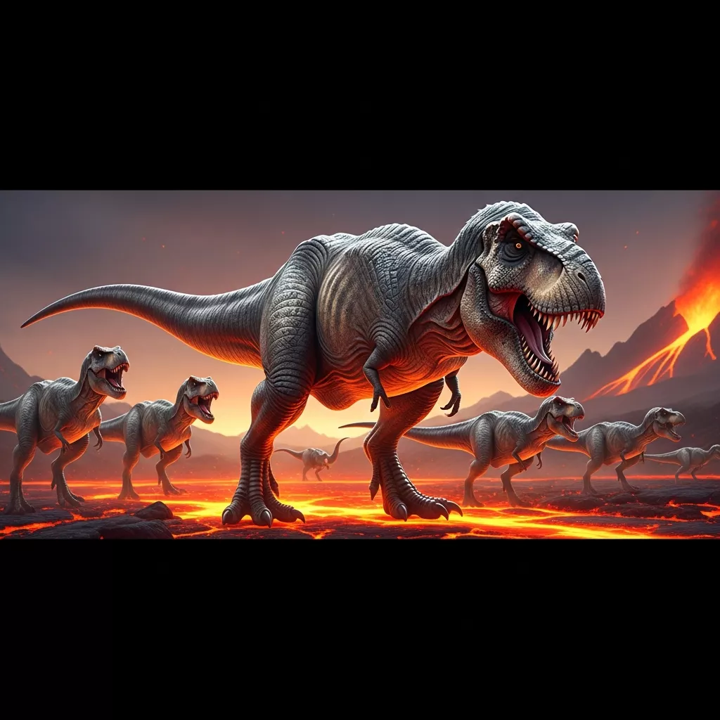 Ein fotorealistischer Tyrannosaurus Rex mit glänzenden Schuppen und bedrohlichem Blick, der inmitten einer vulkanischen Landschaft mit Lavaströmen steht, umgeben von einem Rudel kleinerer Rexe, dramatische Beleuchtung durch Glutschein