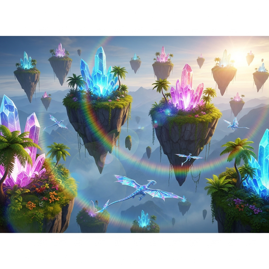 Ein fotorealistisches Panorama der schwebenden Kristallinseln von Crystal Isles mit leuchtenden Kristallformationen, tropischer Vegetation auf den fliegenden Inseln und mehreren Crystal Wyvern, die elegant durch die Lüfte gleiten, während das Sonnenlicht die Kristalle in Regenbogenfarben bricht