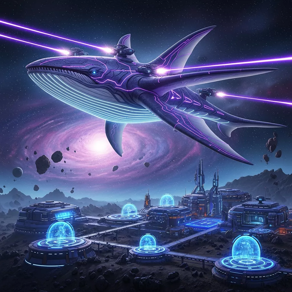 Ein majestätischer Astrocetus schwebt über einer futuristischen Tek-Basis, umgeben von Sternenstaub und kosmischen Farben, während seine Laserturrets violette Strahlen abfeuern, Science-Fiction-Atmosphäre mit glühendem Nebel im Hintergrund