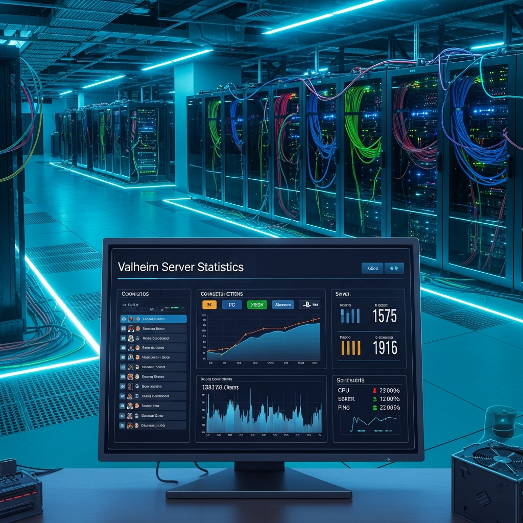 Ein moderner Serverraum mit leuchtenden Rack-Servern und Netzwerkkabeln, im Vordergrund ein Monitor der Valheim-Server-Statistiken mit Spieler-Verbindungen von verschiedenen Plattformen zeigt, fotorealistisch beleuchtet mit blau-grünem Licht