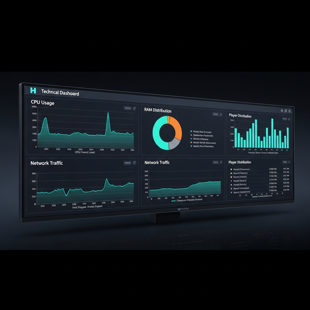Ein technisches Dashboard auf einem hochauflösenden Monitor, das Server-Metriken für einen Hytale-Server zeigt mit Echtzeit-Graphen für CPU-Auslastung, RAM-Verteilung, Netzwerk-Traffic und Spieler-Verteilung auf verschiedene Welten, professionelle UI mit dunklem Theme und türkisfarbenen Akzenten