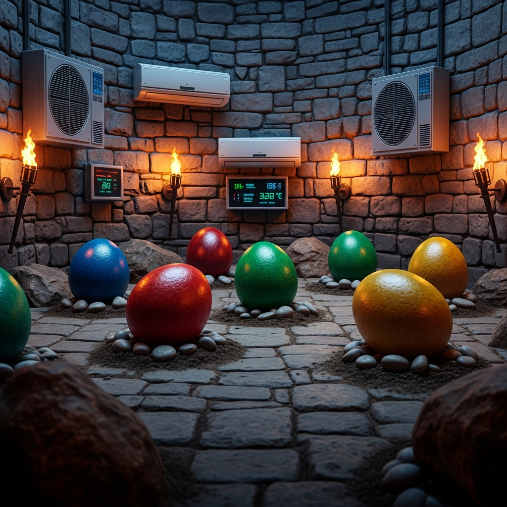 Enclos de pierre intérieur avec plusieurs œufs de dinosaures colorés posés sur le sol, entourés de torches murales et climatiseurs, interface de température visible, rendu photoréaliste ARK Survival Ascended
