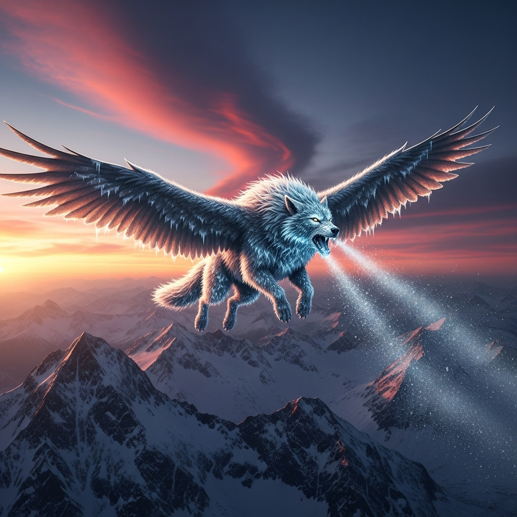 Epic aerial view of a Managarmr soaring over a snowy mountain range at twilight, with ice breath trailing from its mouth, detailed fur texture, and a dramatic sky filled with vibrant pink and orange clouds