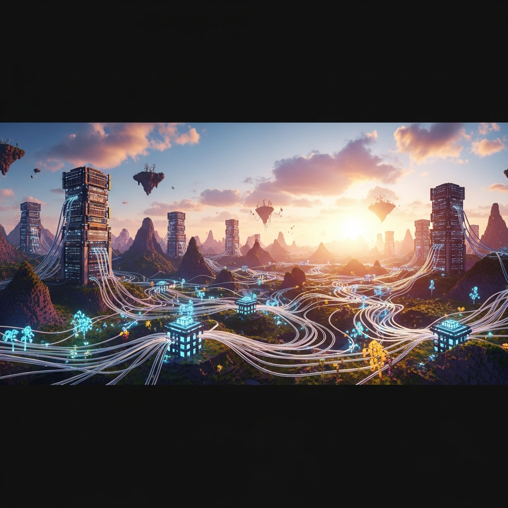 Epische Hytale-Landschaft mit futuristischen Server-Türmen im Voxel-Stil, im Vordergrund leuchtende Netzwerk-Kabel und Glasfaser-Verbindungen, Sonnenuntergang-Stimmung, cineastische Komposition, fotorealistisch mit Fantasy-Elementen