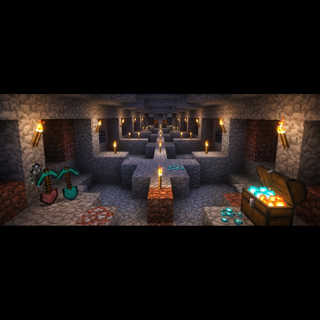 Escena fotorrealista dentro de una caverna de Minecraft iluminada con antorchas, mostrando un túnel de minería en rama perfectamente excavado con ramificaciones simétricas cada tres bloques, pico y pala apoyados contra la pared de piedra, cofre de madera en primer plano con minerales brillantes