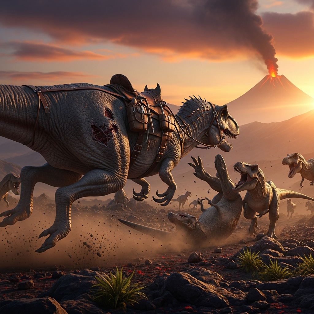 Escena fotorrealista de un Giganotosaurus domado cargando contra una manada de Rexes en una llanura volcánica al atardecer, con efectos de polvo y vegetación deformada por el impacto
