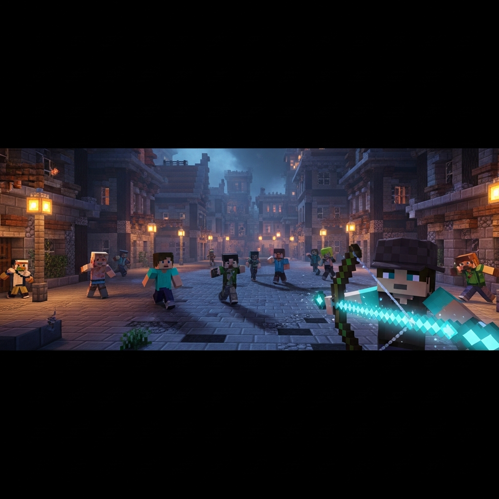 Escena fotorrealista de una partida de Murder Mystery en Minecraft, mostrando un mapa urbano nocturno con farolas, jugadores vestidos con skins variados corriendo entre edificios de piedra y madera, un detective sosteniendo un arco encantado brillante, sombras dramáticas y atmósfera de suspenso, render de alta fidelidad con ray tracing