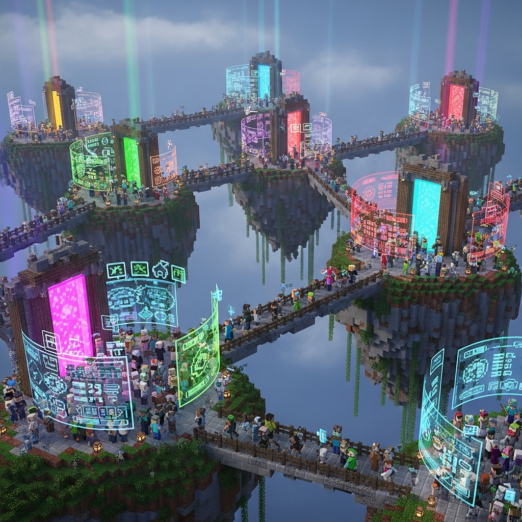 Expansive Minecraft multiplayer server hub with floating islands, glowing portals, and hundreds of player skins gathered around interactive holograms displaying game modes, ultra-detailed photorealistic render with volumetric lighting