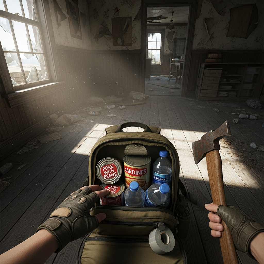 First-person view of a solo survivor carefully looting a coastal house in DayZ, with a backpack open showing canned food and water bottles, dusty wooden interior with dim natural lighting