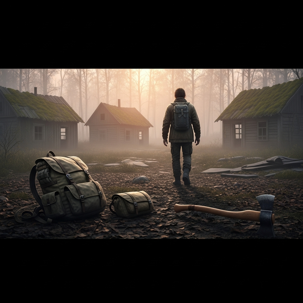 Fotorealistische Ansicht eines DayZ Vanilla-Servers in Chernarus: Ein einsamer Überlebender durchquert eine neblige Waldlichtung bei Dämmerung, im Hintergrund verfallene Holzhütten, im Vordergrund eine Axt und improvisierte Rucksäcke, stimmungsvolles Survival-Ambiente ohne moderne Additions