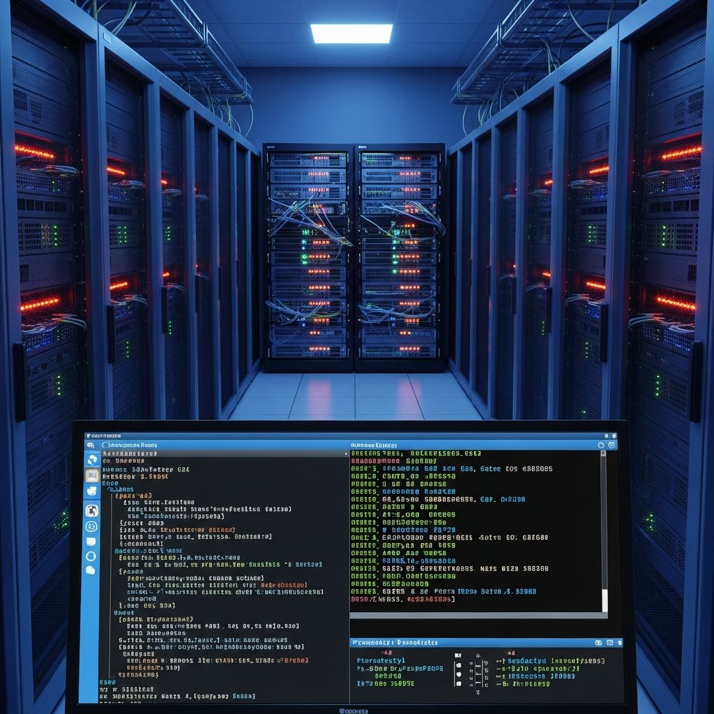 Fotorealistische Aufnahme eines Serverraums mit modernen Rack-Servern und blinkenden Netzwerk-LEDs, im Vordergrund ein Monitor mit NGINX-Konfigurationsdatei und Terminal-Ausgabe der Pterodactyl-Installation