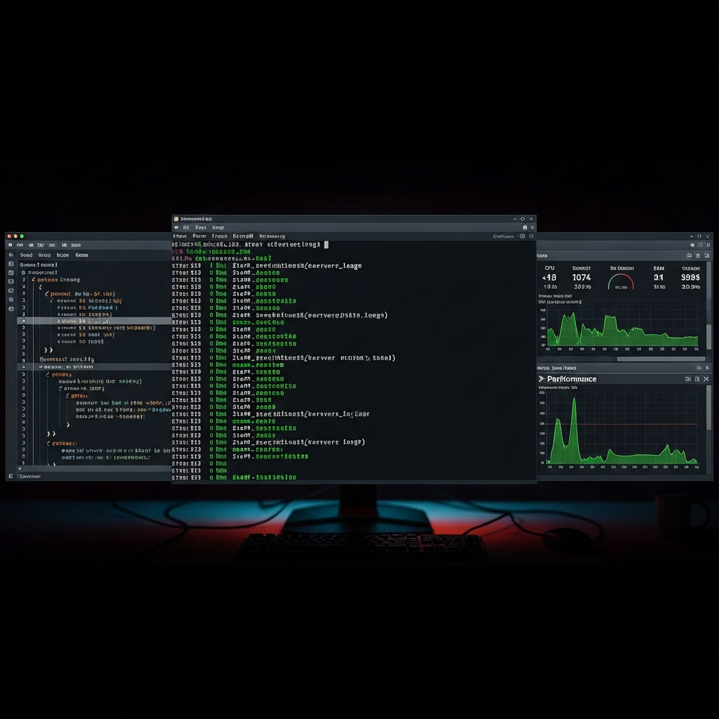 Fotorealistische Darstellung eines Entwickler-Bildschirms mit Ubuntu Terminal und FiveM Server-Logs in grünem Text auf schwarzem Hintergrund, mehrere Fenster zeigen Code-Editor mit server.cfg und Performance-Monitor mit CPU und RAM Auslastung