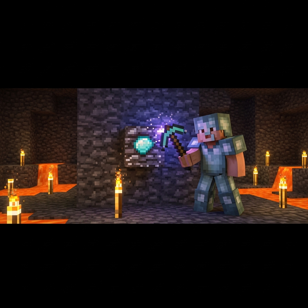 Fotorealistische Darstellung eines Minecraft-Spielers in voller Eisenrüstung, der mit einer verzauberten Eisenspitzhacke Diamanterz in einer dunklen Tiefschiefer-Höhle abbaut, umgeben von Fackeln und sichtbaren Lavapools im Hintergrund