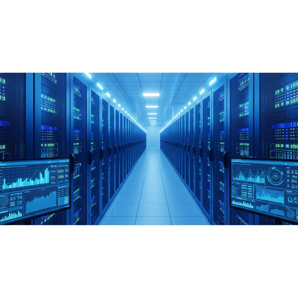 Fotorealistische Darstellung eines modernen Rechenzentrums mit Reihen von Server-Racks, blaue LED-Beleuchtung, im Vordergrund ein Monitor mit Echtzeit-Performance-Grafiken und Serverstatistiken, hochauflösend und technisch detailliert