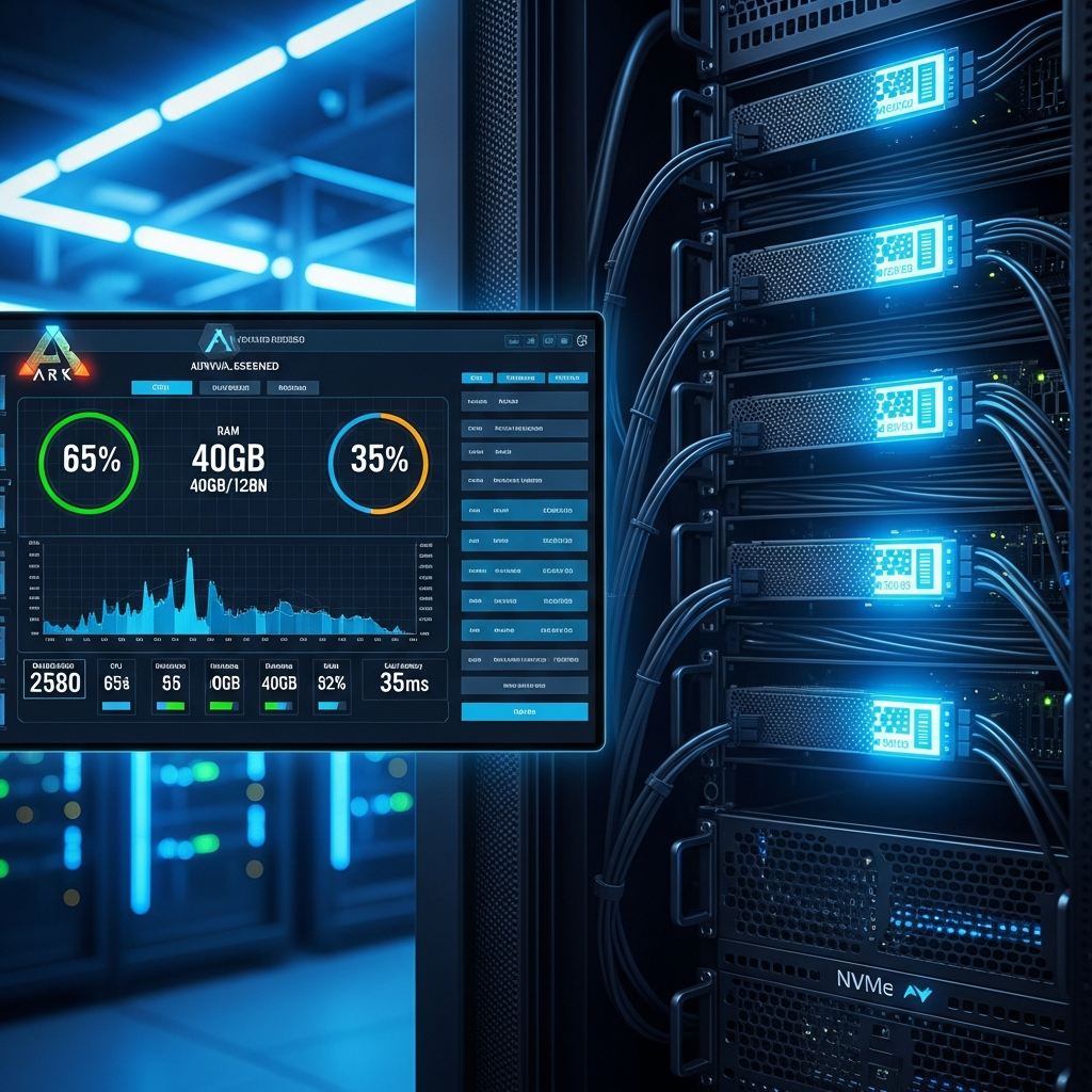 Fotorealistische Darstellung eines modernen Server-Racks mit leuchtenden NVMe-SSDs und einem Monitoring-Display, das ARK Survival Ascended Server-Metriken wie CPU-Auslastung, RAM-Nutzung und Netzwerklatenz in Echtzeit anzeigt, professionelles Rechenzentrum mit blauer LED-Beleuchtung im Hintergrund