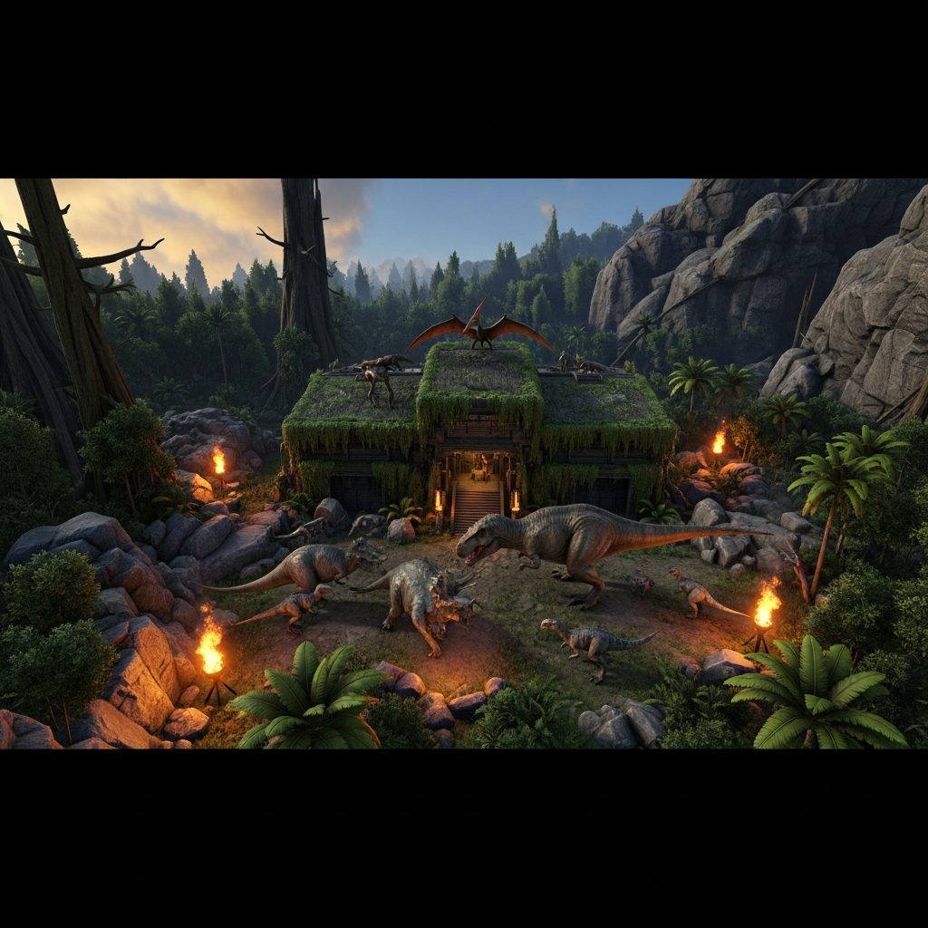 Fotorealistische Luftaufnahme einer versteckten ARK-Basis in einem dichten Dschungel, umgeben von Bäumen und Felsen, mit einem Pteranodon auf dem Dach und mehreren Dinos im Innenhof, bei Dämmerung mit leuchtenden Fackeln