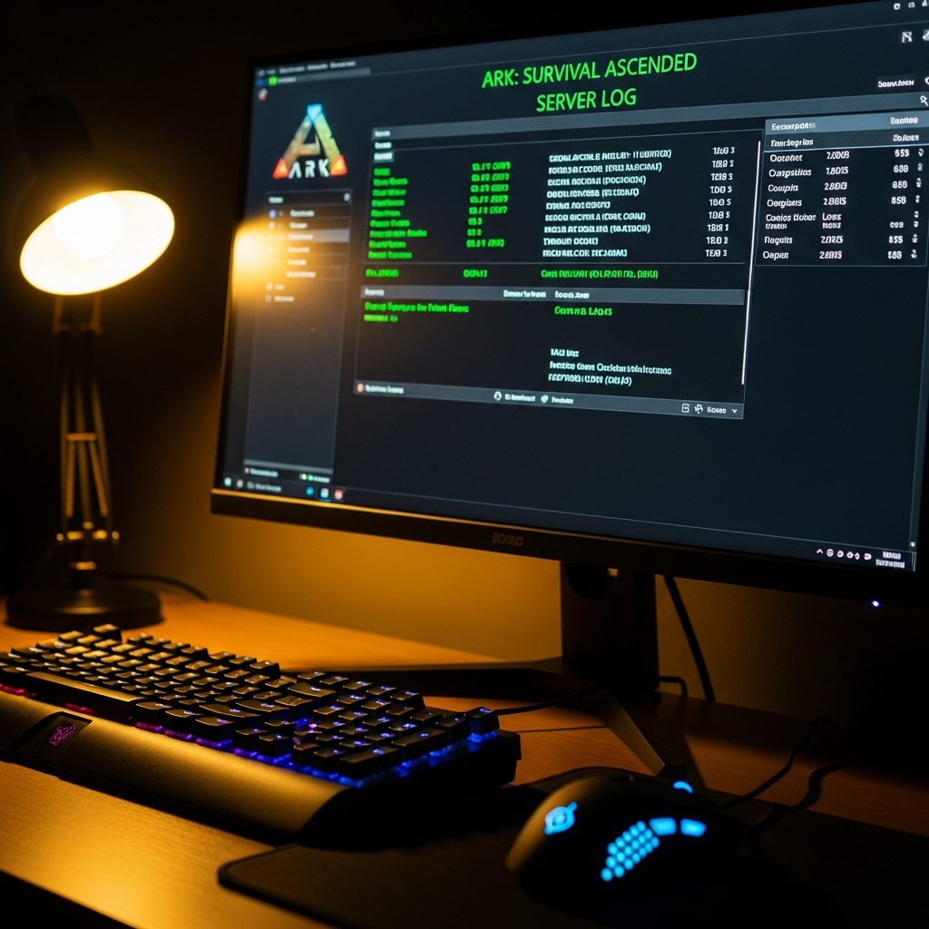 Fotorealistische Nahaufnahme eines Gaming-Monitors, der die ARK Survival Ascended Server-Konsole zeigt mit grünem Text auf schwarzem Hintergrund, Tastatur und Maus im Vordergrund, warme Schreibtischlampe beleuchtet die Szene von links