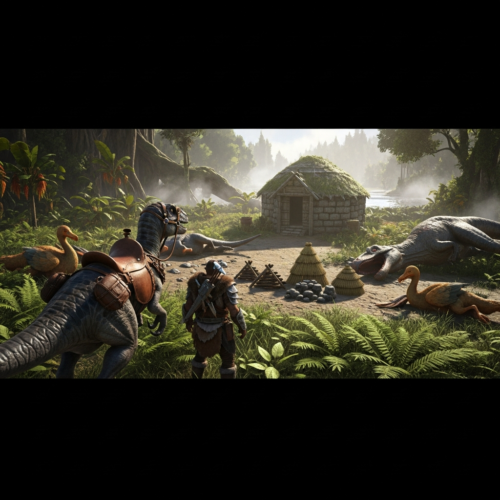 Fotorealistische Szene eines gezähmten Raptors mit Sattel, der neben einem Spieler steht, umgeben von erlegten Dodos und Parasauriern, im Hintergrund eine Steinhütte und Ressourcen-Haufen in ARK Survival Ascended