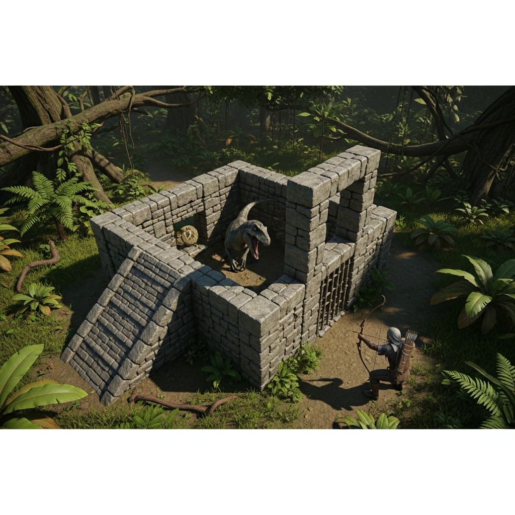 Fotorealistische Vogelperspektive einer selbstgebauten Stein-Zähmungsfalle in ARK, quadratische Struktur aus grauen Steinwänden mit Rampe und Tor-Rahmen, ein gefangener Raptor im Inneren, daneben ein Spieler mit Bogen und Betäubungspfeilen, Dschungel-Umgebung