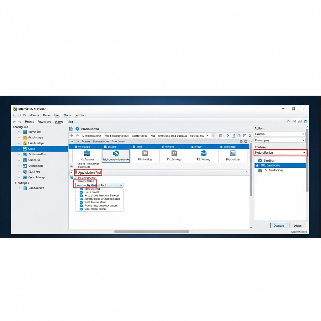 Fotorealistischer Screenshot des IIS-Managers unter Windows Server 2022, Ansicht mit mehreren angelegten Websites, Detailansicht eines Anwendungspools, rechte Seite zeigt Bindungen und SSL-Zertifikate, professionelles Server-Dashboard, klare UI-Elemente, hochauflösend