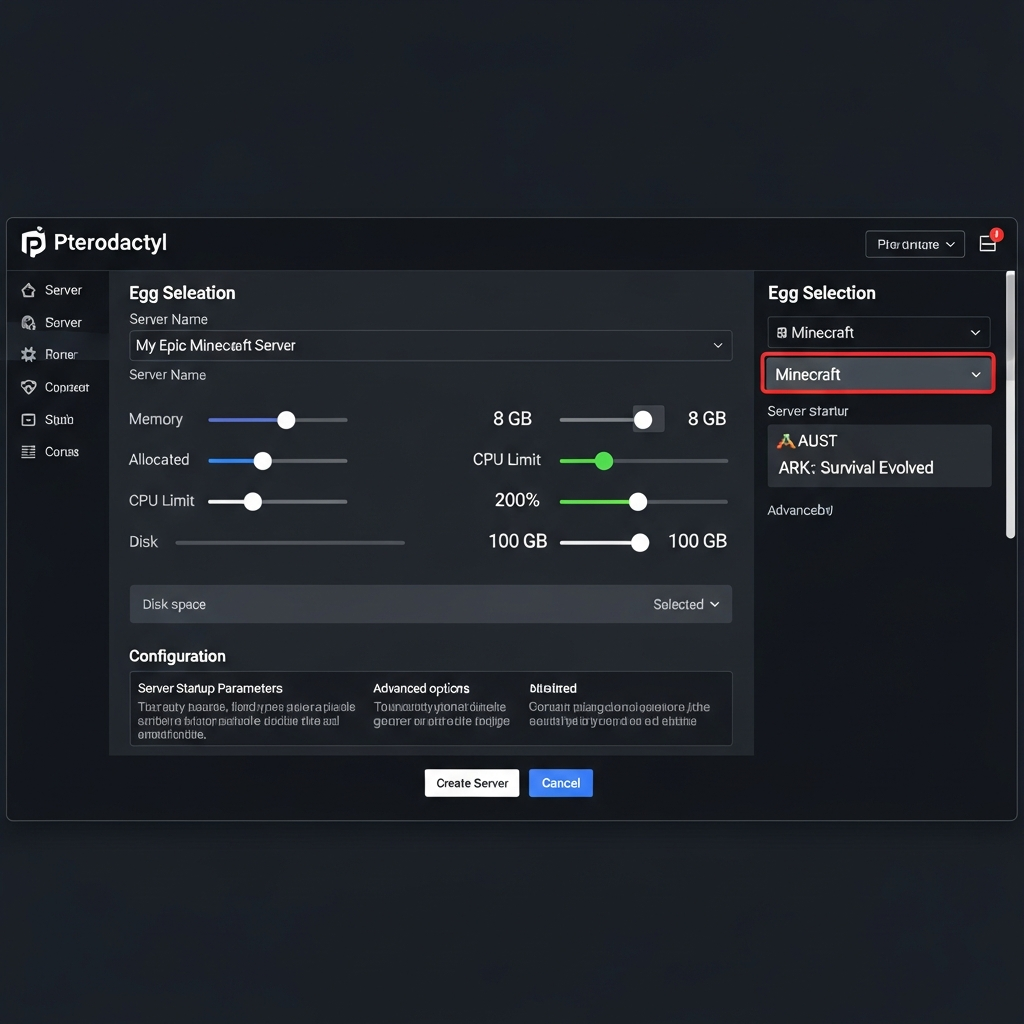 Fotorealistischer Screenshot des Server-Erstellungsformulars in Pterodactyl mit ausgefüllten Feldern für Minecraft-Server, Ressourcen-Slidern und Egg-Auswahl, professionelles Admin-Interface