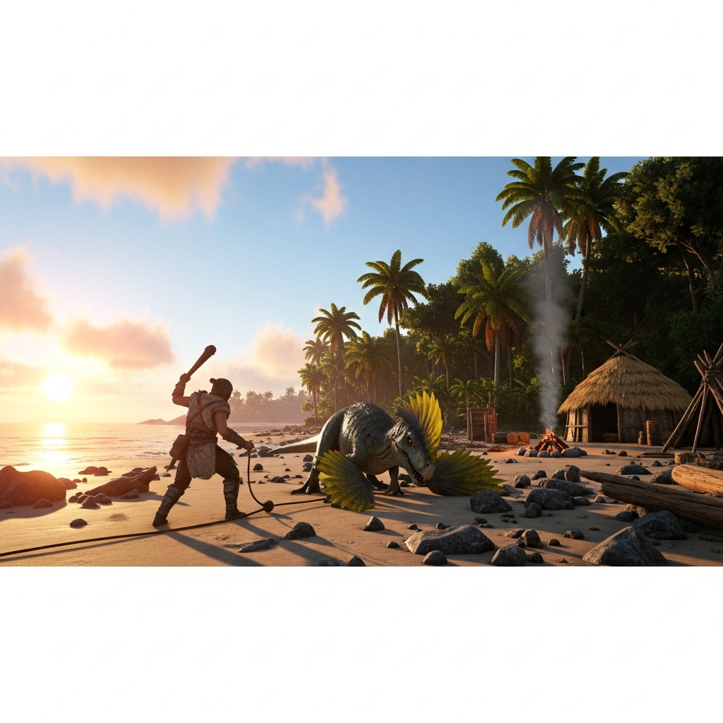 Fotorealistischer Screenshot eines ARK-Spielers am Strand bei Sonnenaufgang, der mit einer Holzkeule und Bola einen Parasaurier zähmt, im Hintergrund ein dichter Dschungel mit Palmen und ein kleines Strohdach-Lager