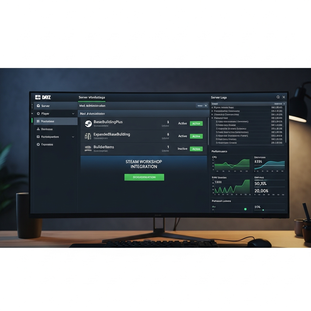 Fotorealistischer Screenshot eines DayZ-Server-Panels mit Mod-Verwaltung, übersichtliche Benutzeroberfläche mit Steam Workshop Integration, Liste von BaseBuilding-Mods, professionelles Admin-Interface mit Serverlogs und Performance-Metriken im Hintergrund
