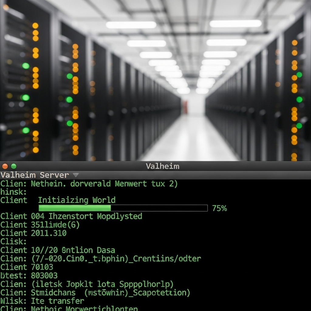 Fotorealistischer Screenshot eines Linux-Terminals mit grünem Text auf schwarzem Hintergrund, zeigt die laufende Valheim-Server-Konsole mit Ladebalken und Netzwerk-Logs, im Hintergrund verschwommen ein modernes Rechenzentrum mit Server-Racks