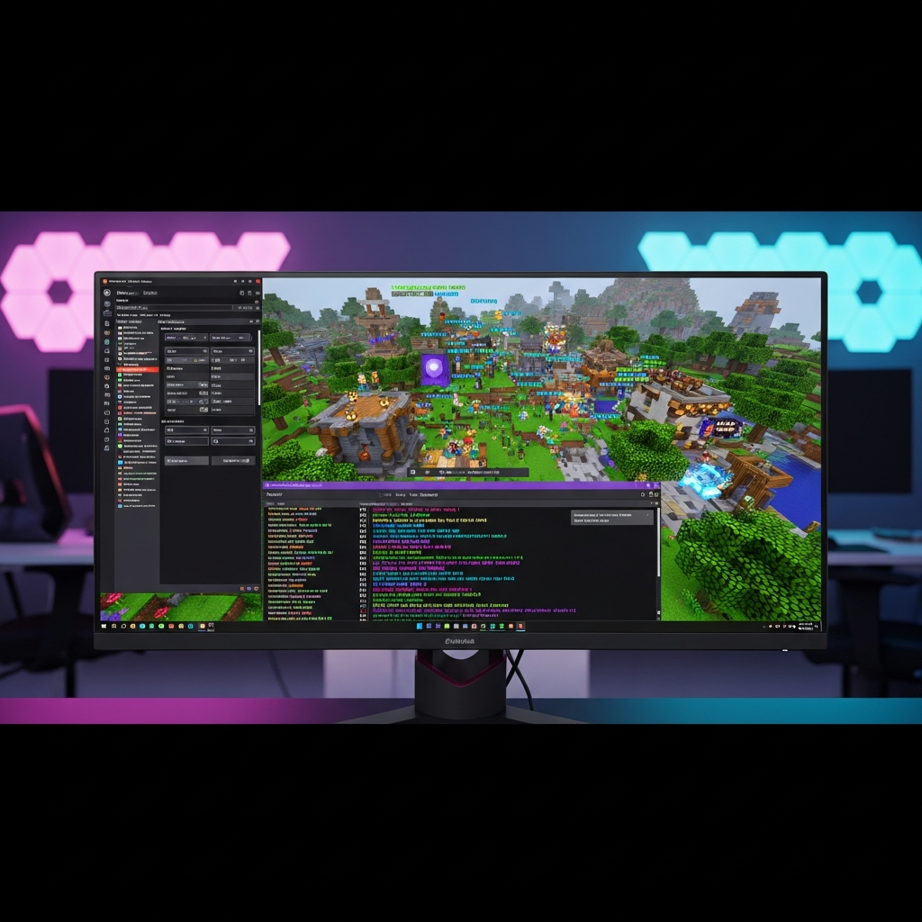 Fotorealistischer Screenshot eines Minecraft Bedrock Admin-Panels auf einem modernen Gaming-Monitor, im Vordergrund eine Chat-Konsole mit leuchtenden Command-Zeilen, im Hintergrund eine große Multiplayer-Welt mit Spielern, professionelle Büroumgebung mit RGB-Beleuchtung