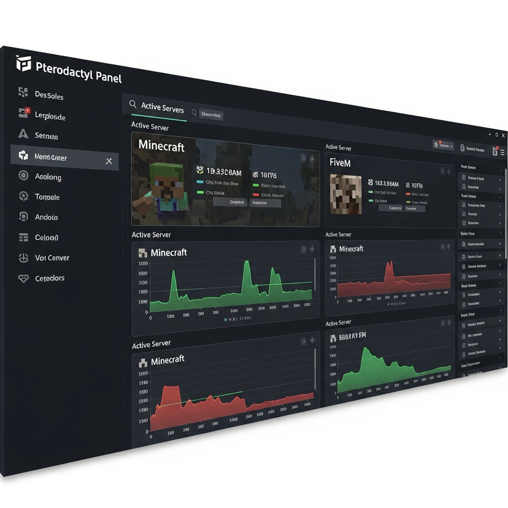Fotorealistischer Screenshot eines Pterodactyl Panel-Dashboards mit mehreren aktiven Game-Servern, darunter Minecraft und FiveM, auf einem dunklen UI-Theme mit CPU- und RAM-Auslastungsgraphen in Echtzeit