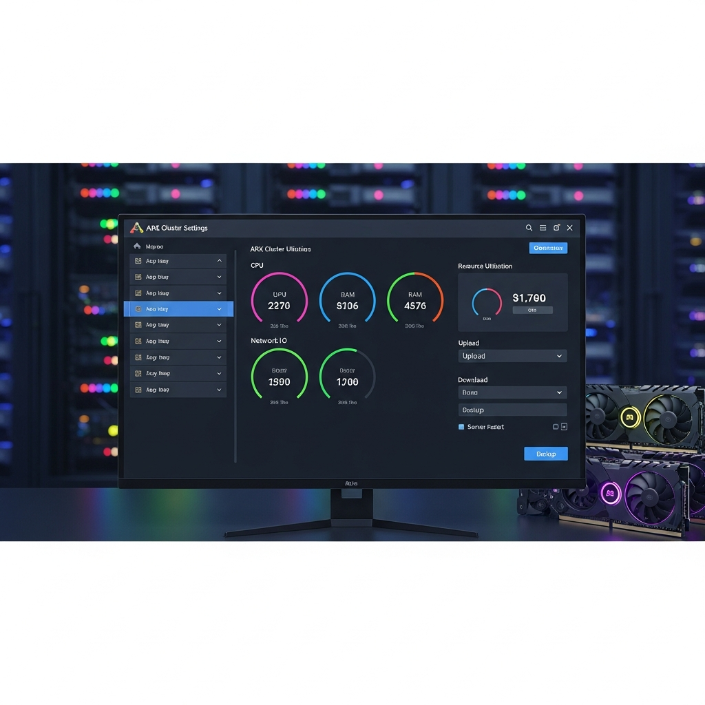 Fotorealistischer Screenshot eines Server-Kontrollpanels auf einem modernen Monitor, das die Konfigurationsoberfläche für ARK Cluster-Einstellungen zeigt, mit mehreren Map-Namen in einer Liste, Ressourcennutzungsanzeigen und Upload/Download-Parametern, professionelle Server-Umgebung mit RGB-beleuchteter Gaming-Hardware im Hintergrund
