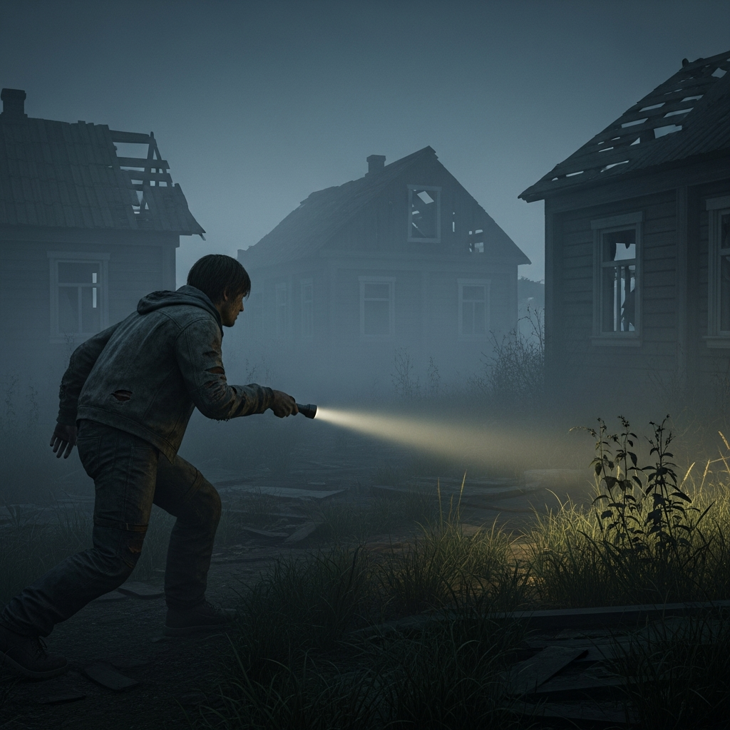 Fotorealistischer Screenshot eines Solo-Spielers in zerfetzter Kleidung, der nachts durch ein verlassenes Dorf in DayZ schleicht, Taschenlampe in der Hand, neblige Atmosphäre, verlassene Holzhäuser im Hintergrund
