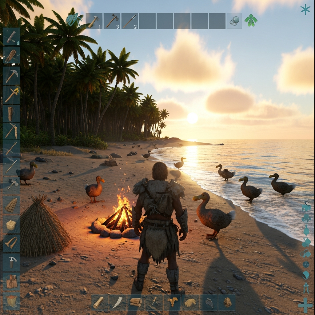 Fotorealistischer Screenshot eines Spielers am südlichen Strand von ARK Survival Ascended, umgeben von Palmen, Dodos und einem Lagerfeuer bei Sonnenuntergang, mit Werkzeugen und Ressourcen im Inventar sichtbar