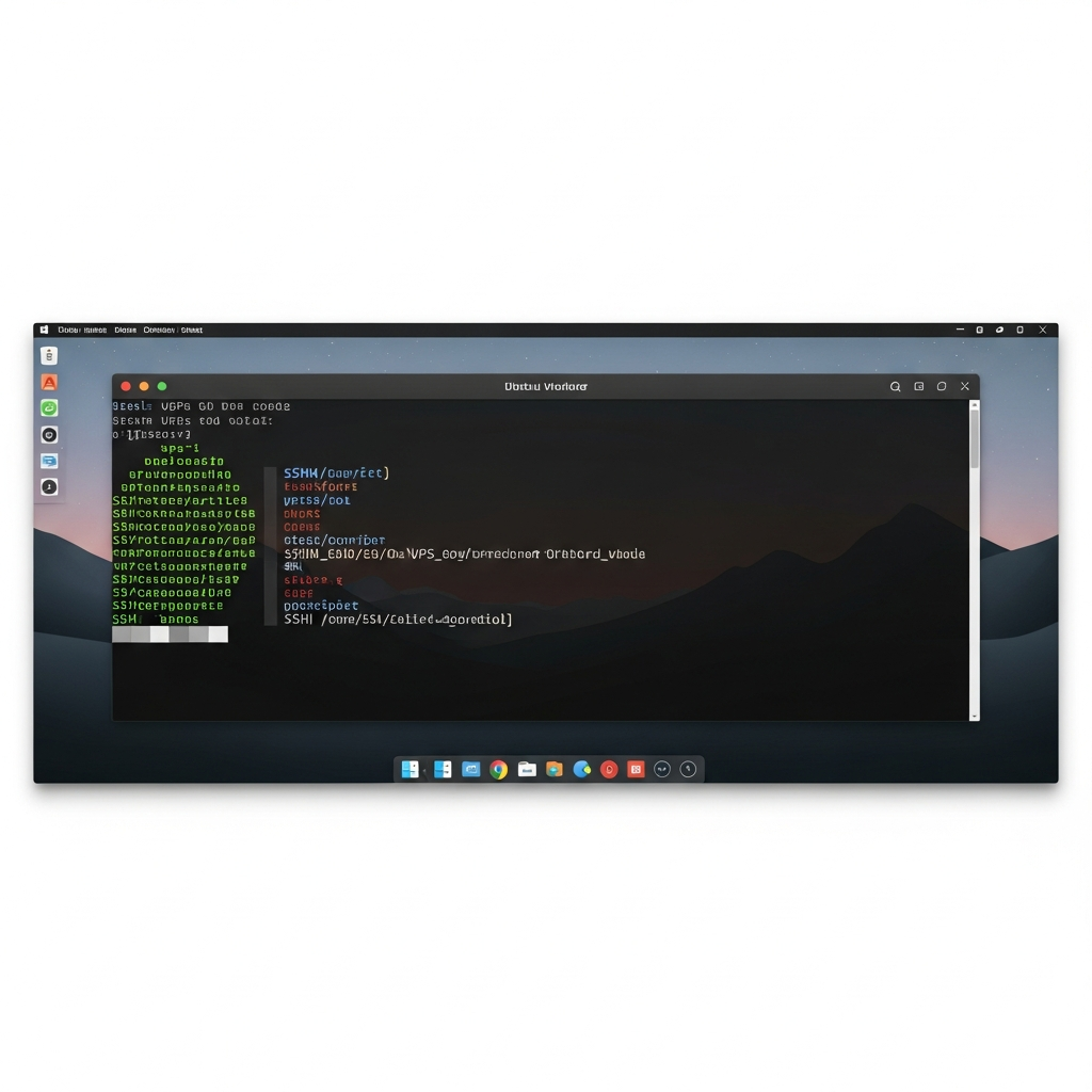Fotorealistischer Screenshot eines Terminal-Fensters auf einem modernen Linux-Desktop, zeigt die Ausführung von SSH-Befehlen zur Verbindung mit einem VPS, im Hintergrund ein dunkles Ubuntu-Theme mit minimalistischer Oberfläche