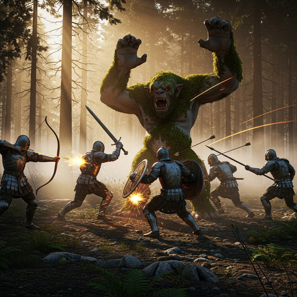 Fotorealistischer Screenshot eines Valheim-Multiplayer-Raids mit fünf Spielern in Eisenrüstungen, die gemeinsam gegen einen Troll kämpfen, dramatisches Abendlicht im Schwarzwald, fliegende Pfeile und Schwerthiebe sichtbar, epische Action-Szene