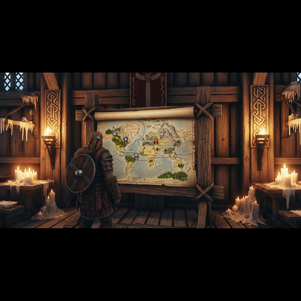Fotorealistischer Screenshot eines Valheim-Spielers, der in einer mittelalterlichen Holzhalle vor einem Kartenständer steht und die Weltkarte mit markierten Multiplayer-Basen betrachtet, warmes Kerzenlicht, skandinavische Runen an den Wänden