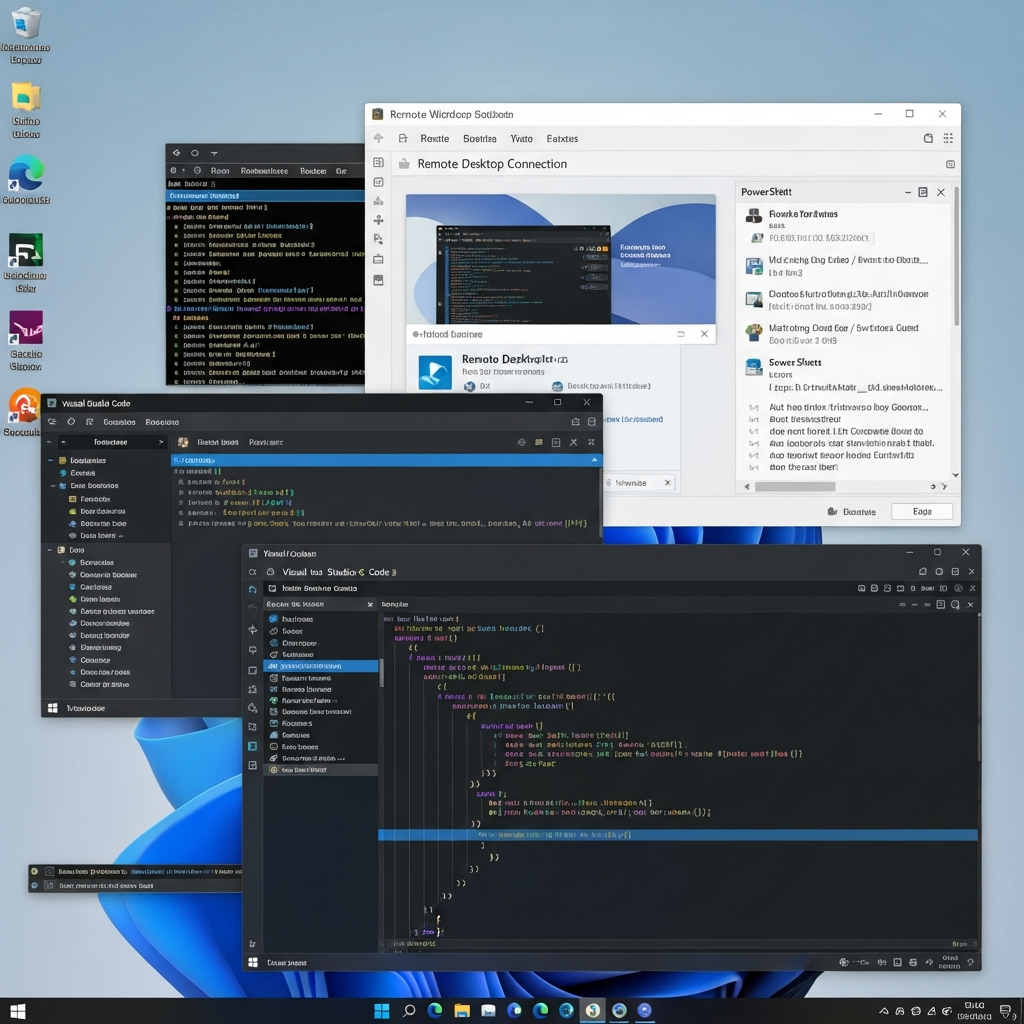 Fotorealistischer Screenshot eines Windows Server 2022 Desktops mit geöffneter Remote-Desktop-Verbindung, Visual Studio Code im Vordergrund, ein Konsolenfenster mit PowerShell-Skript, modernes Interface mit mehreren Fenstern, professionelle Entwicklungsumgebung, hochauflösend, detailliert