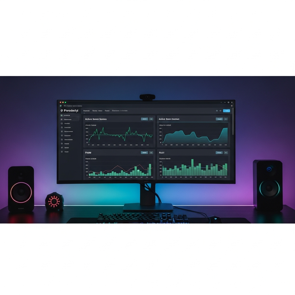Fotorealistischer Screenshot eines modernen Pterodactyl-Dashboards auf einem 27-Zoll-Monitor, im Hintergrund ein aufgeräumter Gaming-Setup-Schreibtisch mit RGB-Beleuchtung, das Interface zeigt mehrere aktive Server-Instanzen (Minecraft, FiveM, Rust) mit CPU- und RAM-Graphen in Echtzeit