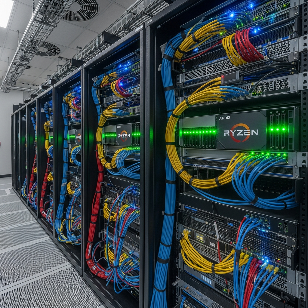 Fotorealistischer Screenshot eines modernen Rechenzentrum-Racks mit AMD Ryzen-Servern, beleuchteten LED-Strips und Netzwerkkabeln, professionelle Serverinfrastruktur für Gaming-Hosting