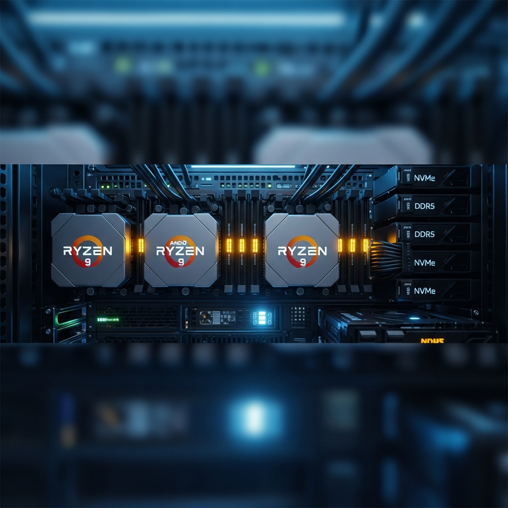 Fotorealistischer Screenshot eines modernen Server-Racks mit leuchtenden AMD Ryzen 9 Prozessoren, DDR5 RAM-Modulen und NVMe SSDs, professionelle Rechenzentrum-Beleuchtung, Tiefenschärfe auf die Hardware-Komponenten