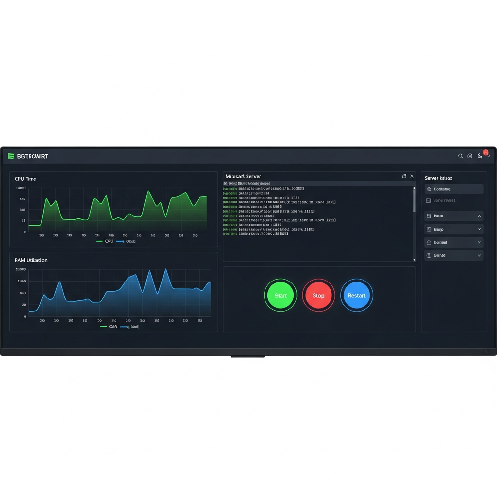 Fotorealistischer Screenshot eines modernen Webinterfaces für Servermanagement. Zu sehen sind Performance-Graphen mit CPU- und RAM-Auslastung, eine Minecraft-Server-Konsole mit laufenden Logs, und Buttons für Start/Stop/Restart. Dunkles Theme mit grünen und blauen Akzenten, professionelles Dashboard-Design.